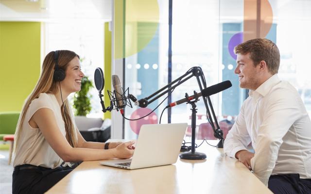 Young male and female in interview recording