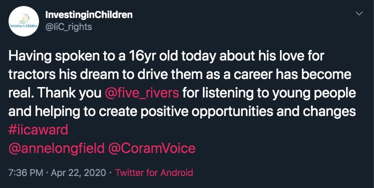 A tweet by Investing in Children praising Max