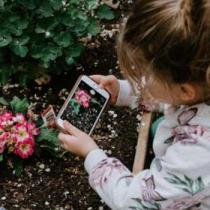Foster child photographing flowers on mobile