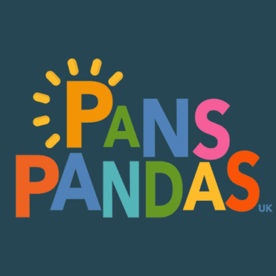 Pans Panda logo brightly coloured on a blue background
